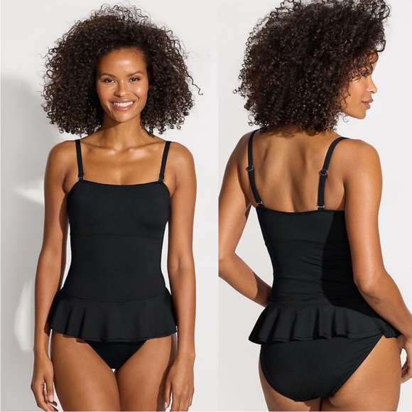 Lands' End Sculpting Suit Ruffle Bandeau One Piece Swimsuit black Size 16 NEW - Picture 1 of 8